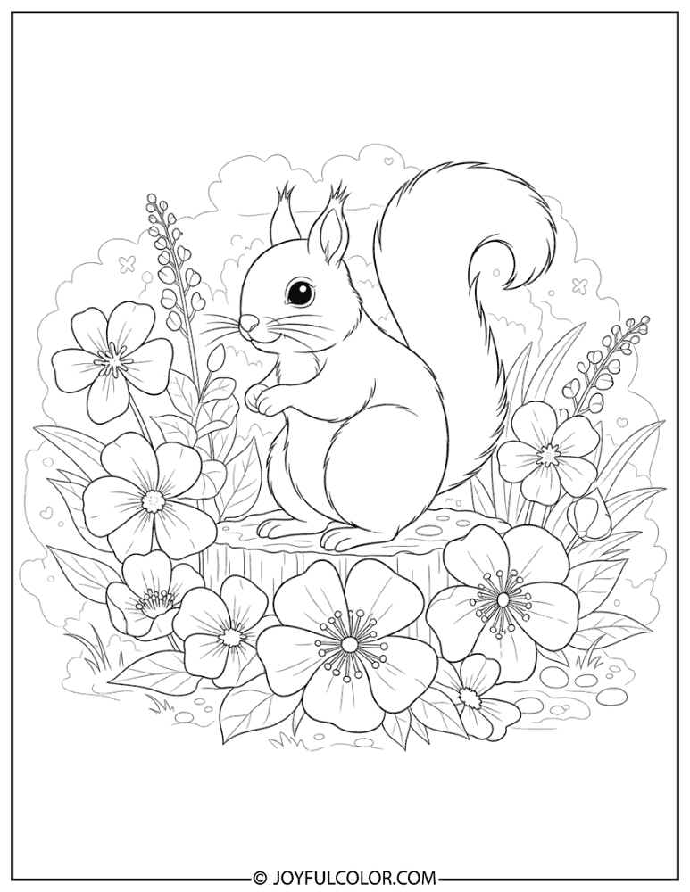 Squirrel in Flower Garden Coloring Page