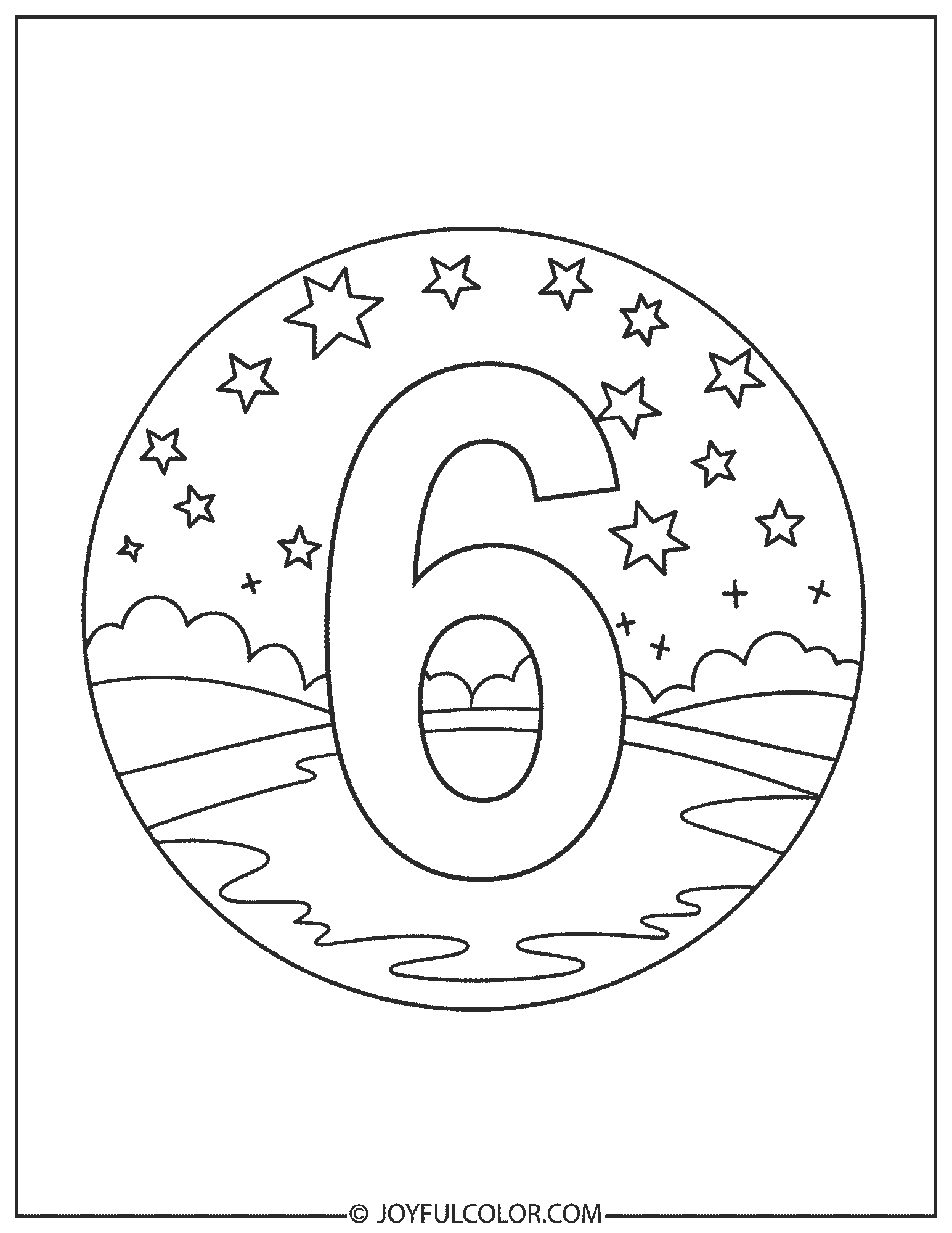 Twinkling Star Number 6 Coloring Page