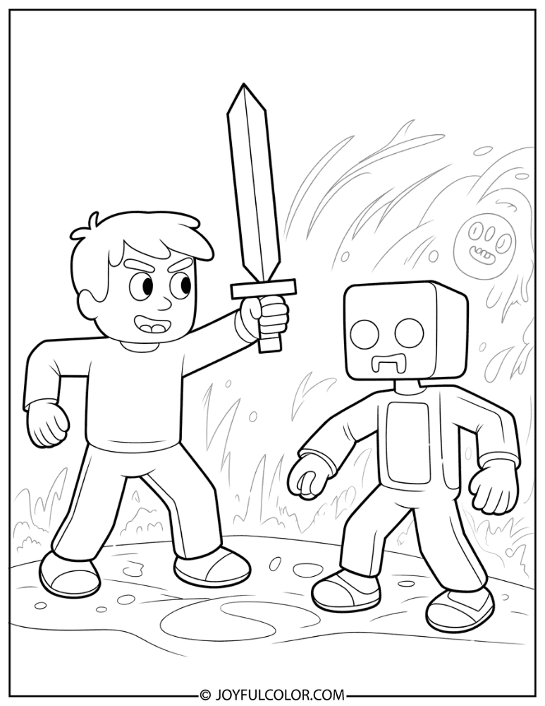 Steve Fighting Creeper with Diamond Sword Coloring Page