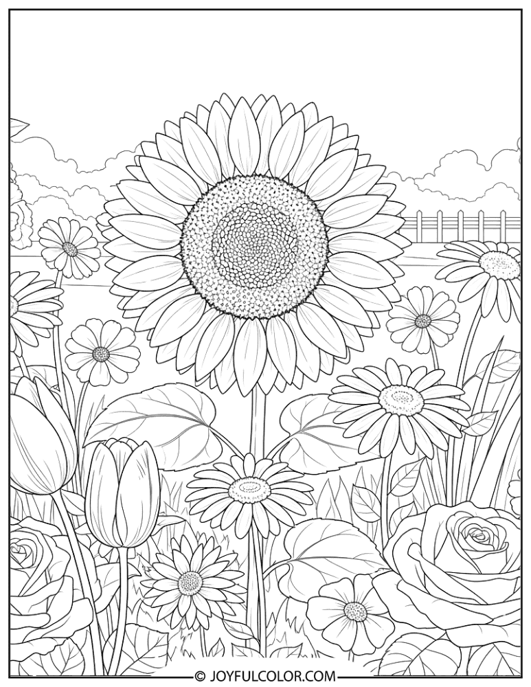 Sunflower Garden Flower Coloring Page