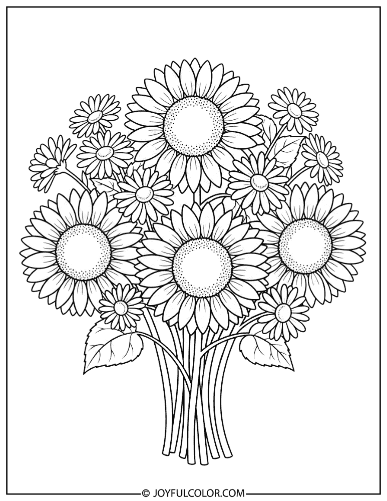 Sunflower and Daisy Bouquet Coloring Page