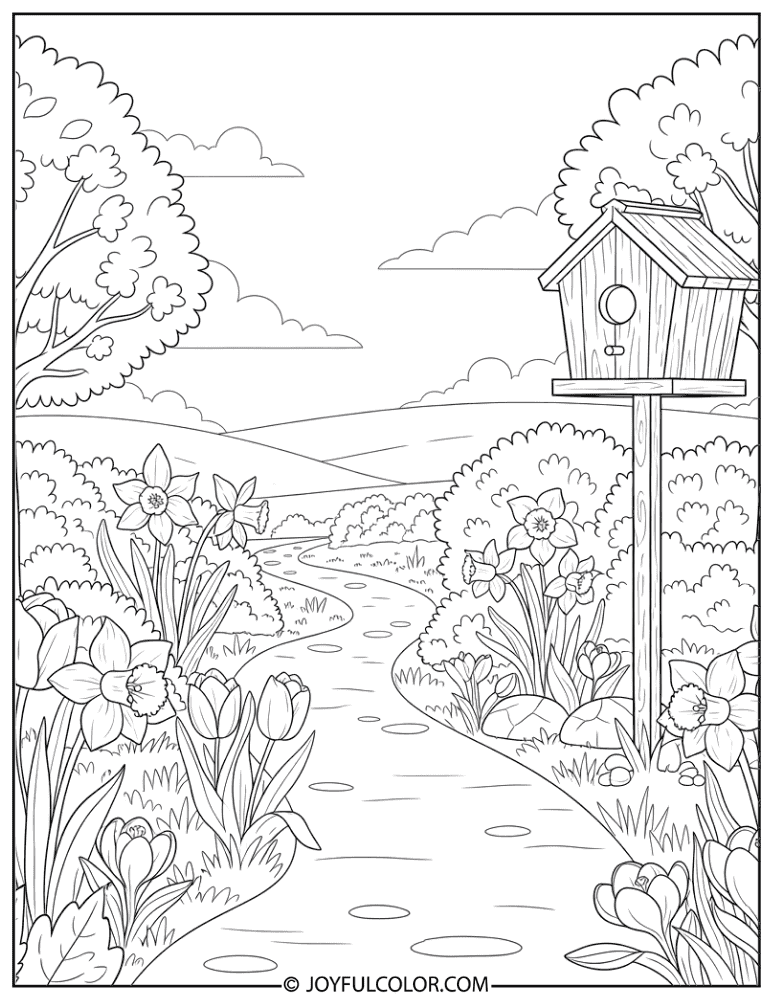 Sunny Spring Garden Path Coloring Page