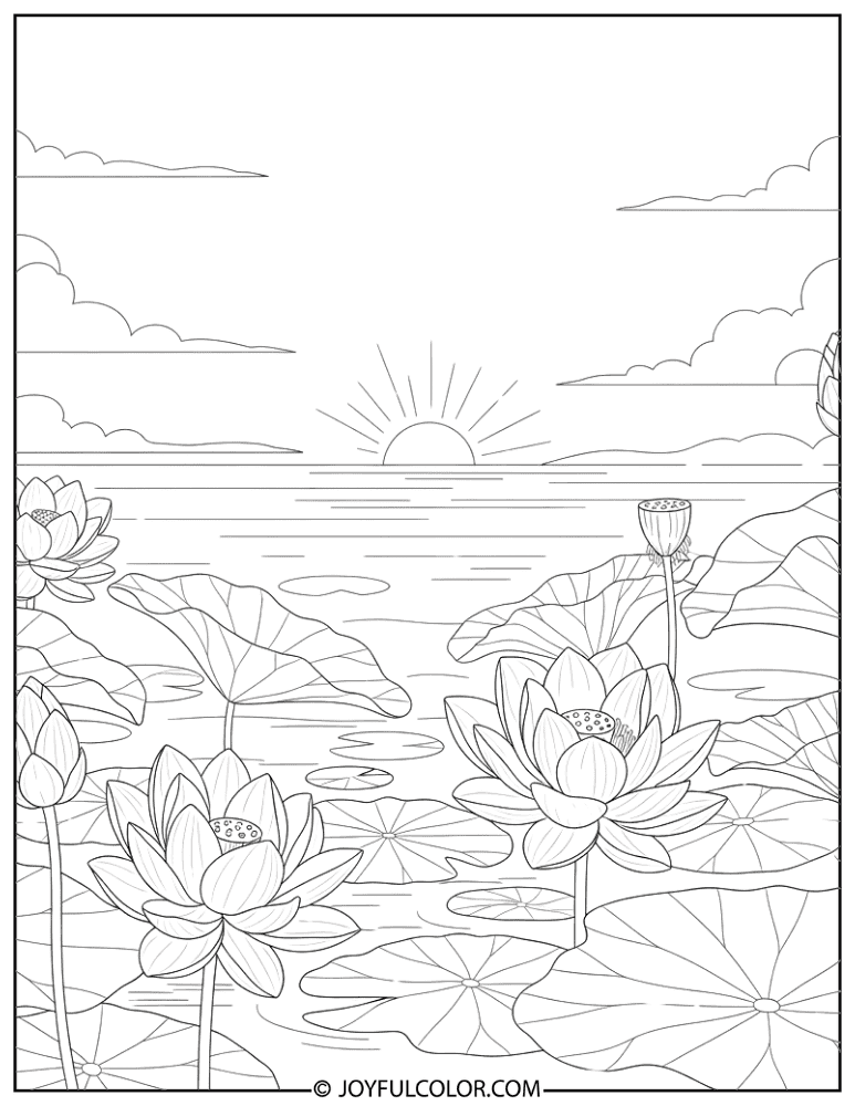 Sunrise Lotus Pond Coloring Page