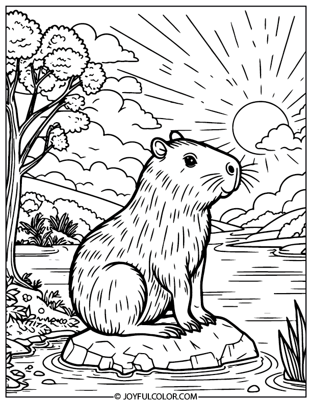 Sunrise With Capybara Coloring Page