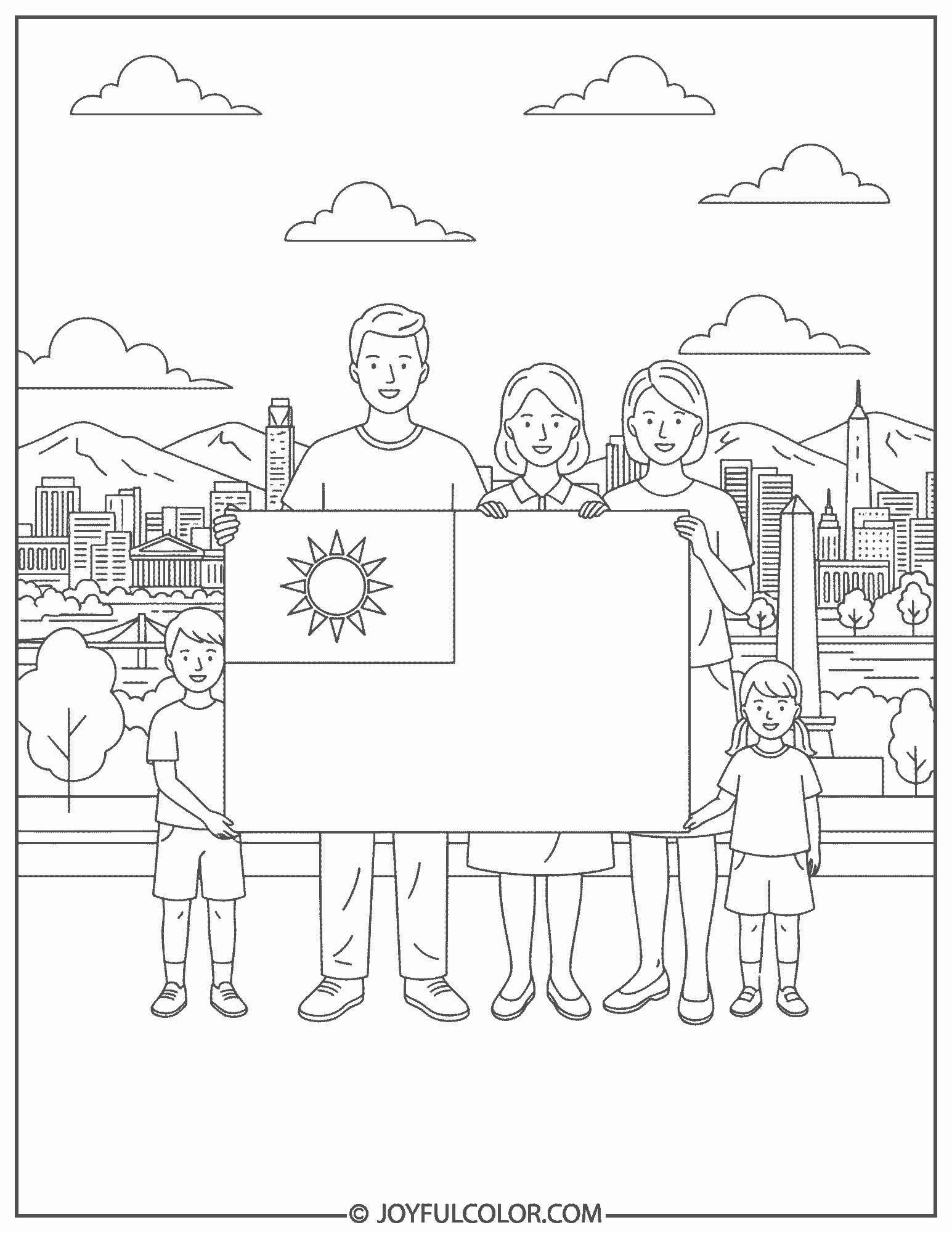 Taiwan Flag Family Scene Coloring Page 01