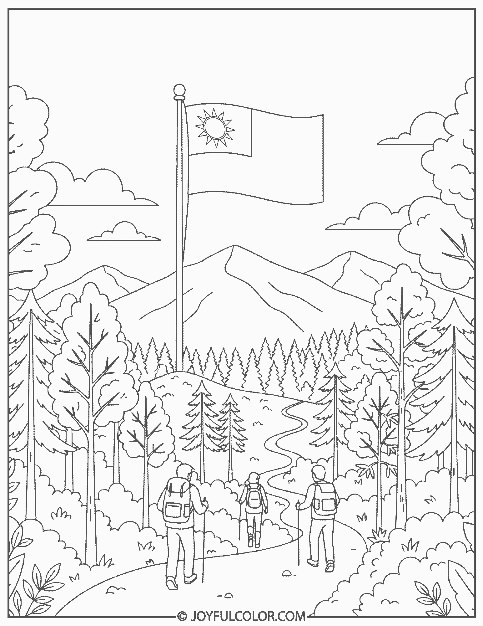 Taiwan Flag Forest Hiking Scene Coloring Page 02