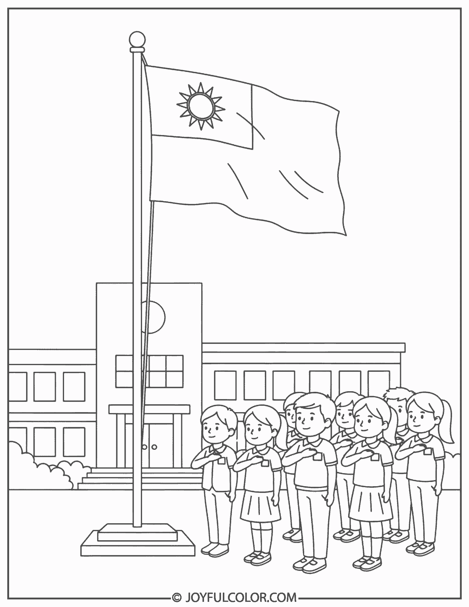 Taiwan Flag School Scene Coloring Page 01