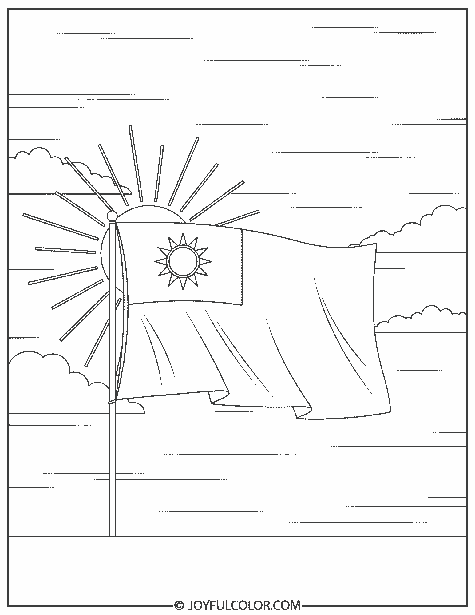 Taiwan Flag Waving in Open Sky Coloring Page 02