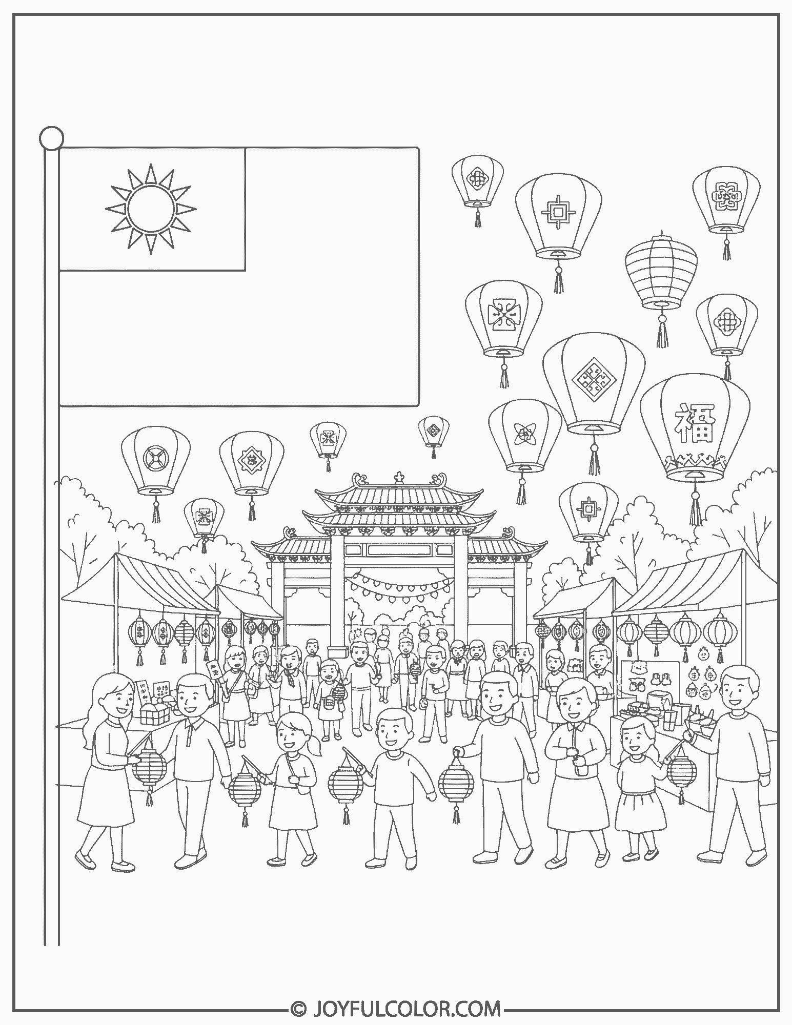 Taiwan Flag and Lantern Festival Scene Coloring Page 01