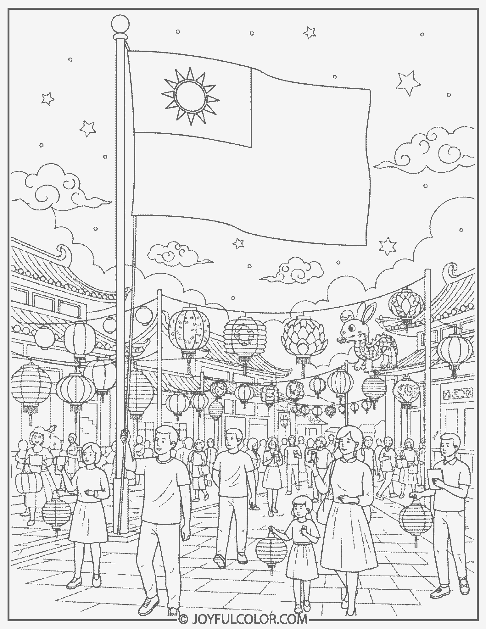 Taiwan Flag and Lantern Festival Scene Coloring Page 02