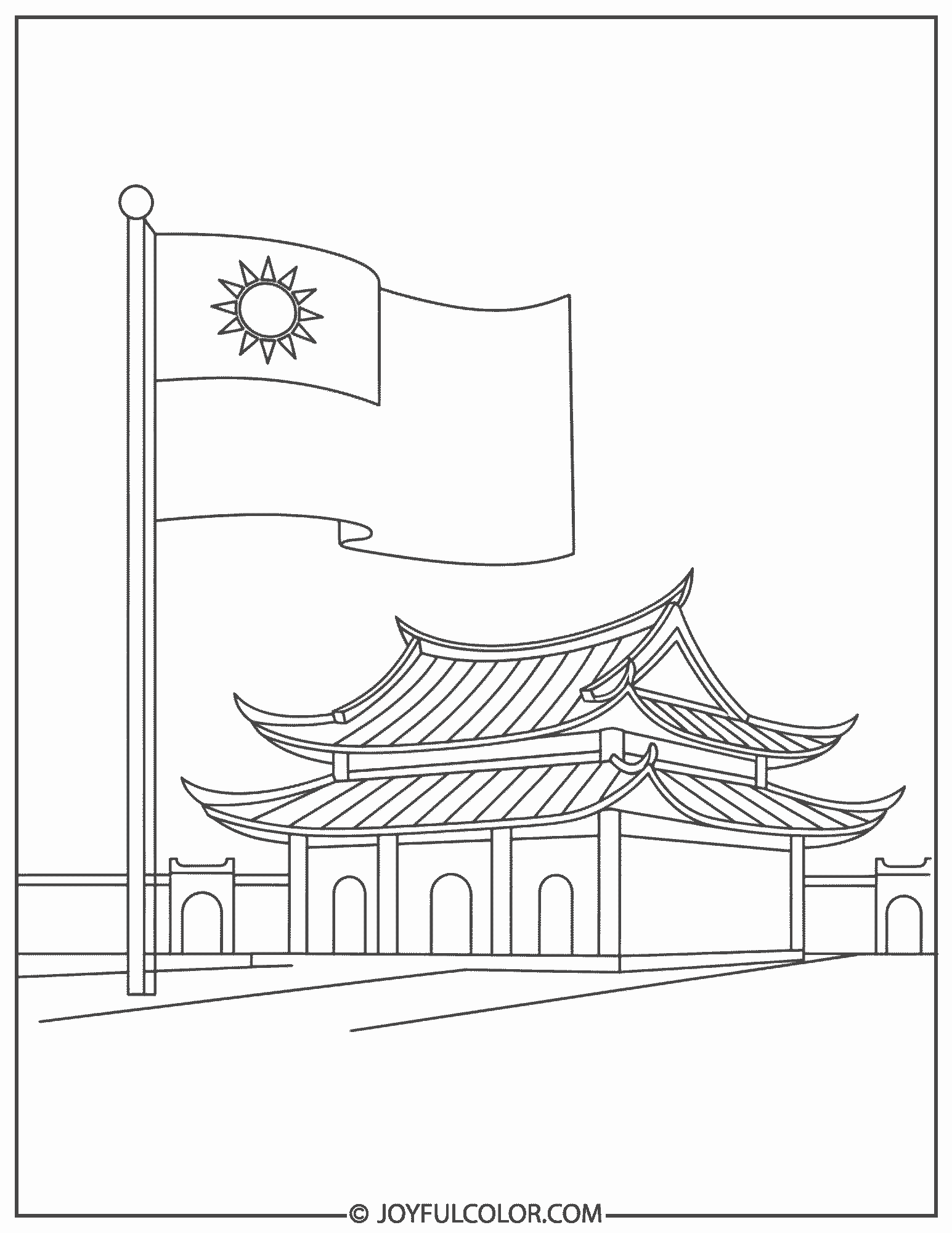 Taiwan Flag and Traditional Temple Coloring Page 01