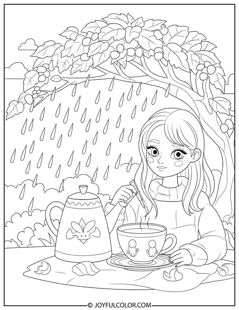 Tea Time on Rainy Day Coloring Page