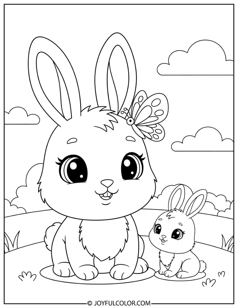Tiny Bunny with Butterfly Coloring Page