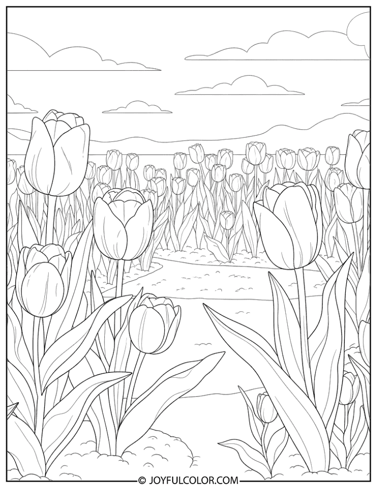 Tulip Garden Scene Coloring Page