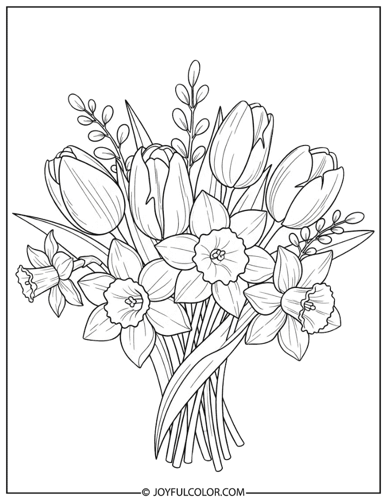 Tulip and Daffodil Bouquet Coloring Page