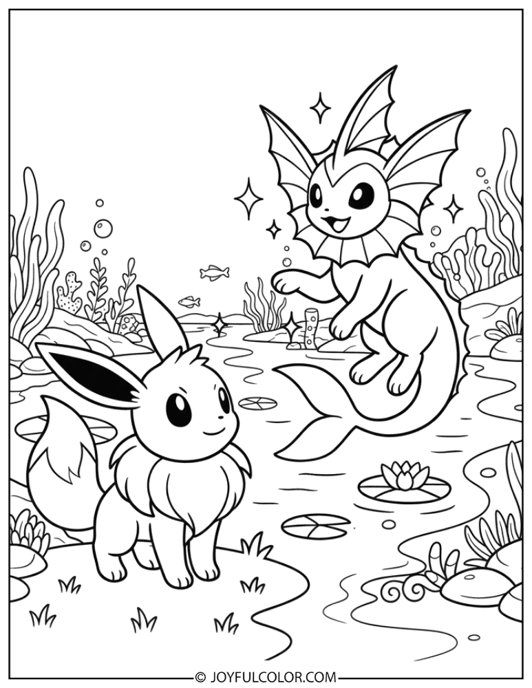 Vaporeon and Eevee Coloring Page