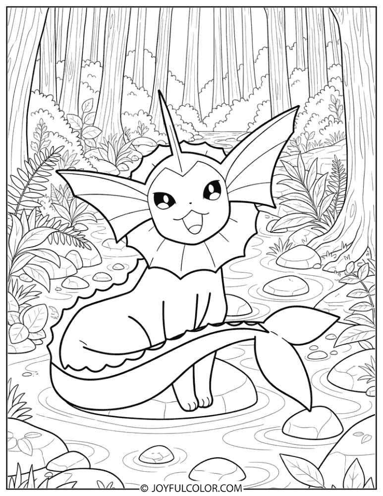 Vaporeon in Forest Stream Coloring Page