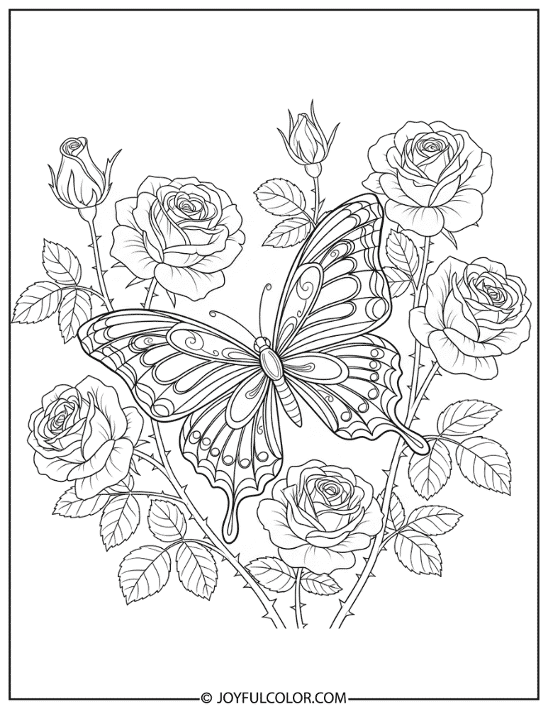 Victorian Butterfly and Rose Coloring Page