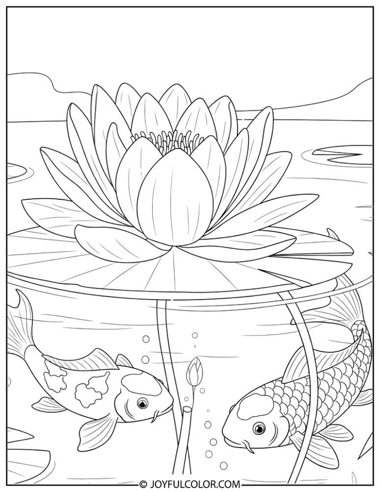 Water Lily with Koi Fish Coloring Page