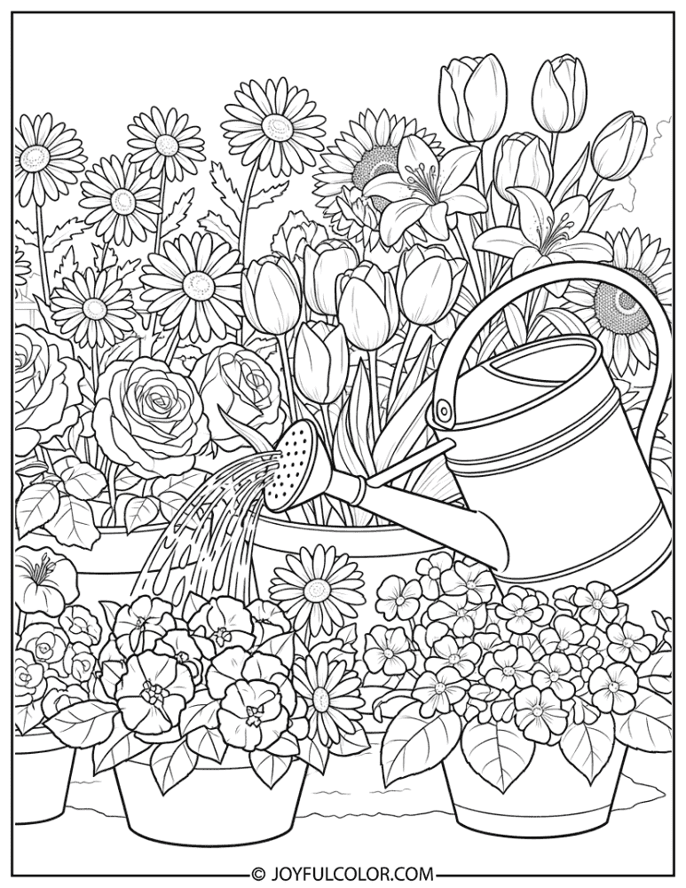 Watering Can in Flower Garden Coloring Page