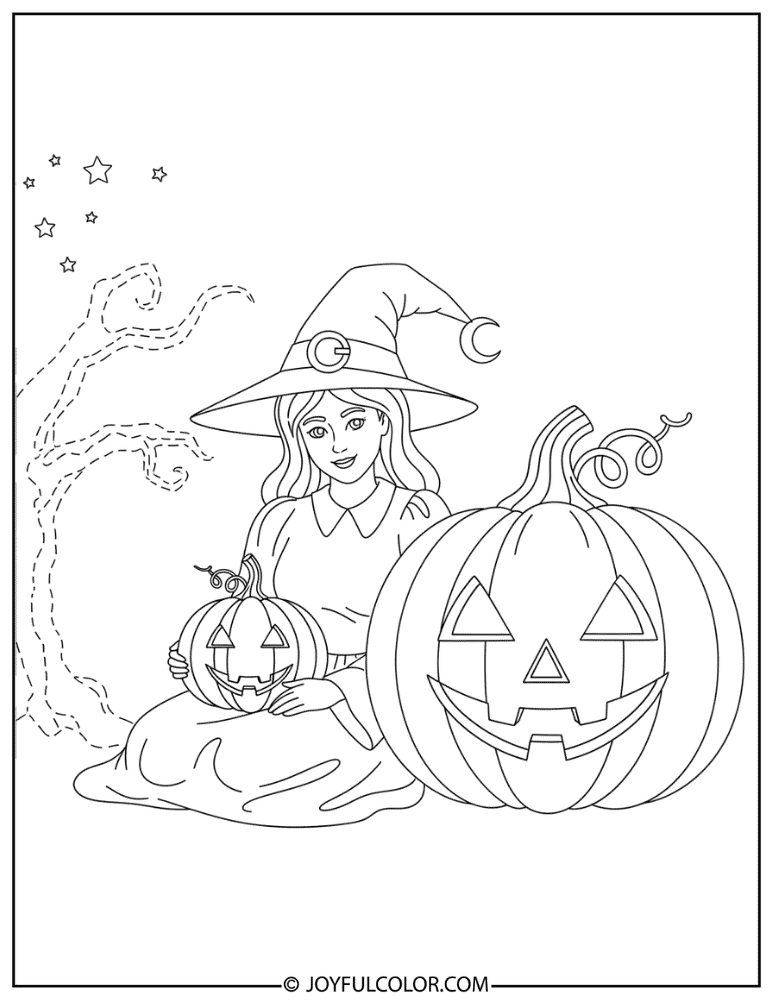 Witch with Pumpkin Coloring Page