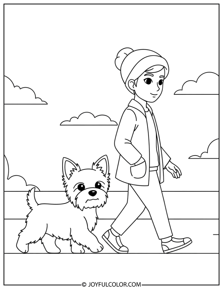 Yorkie Walking with Owner Coloring Page