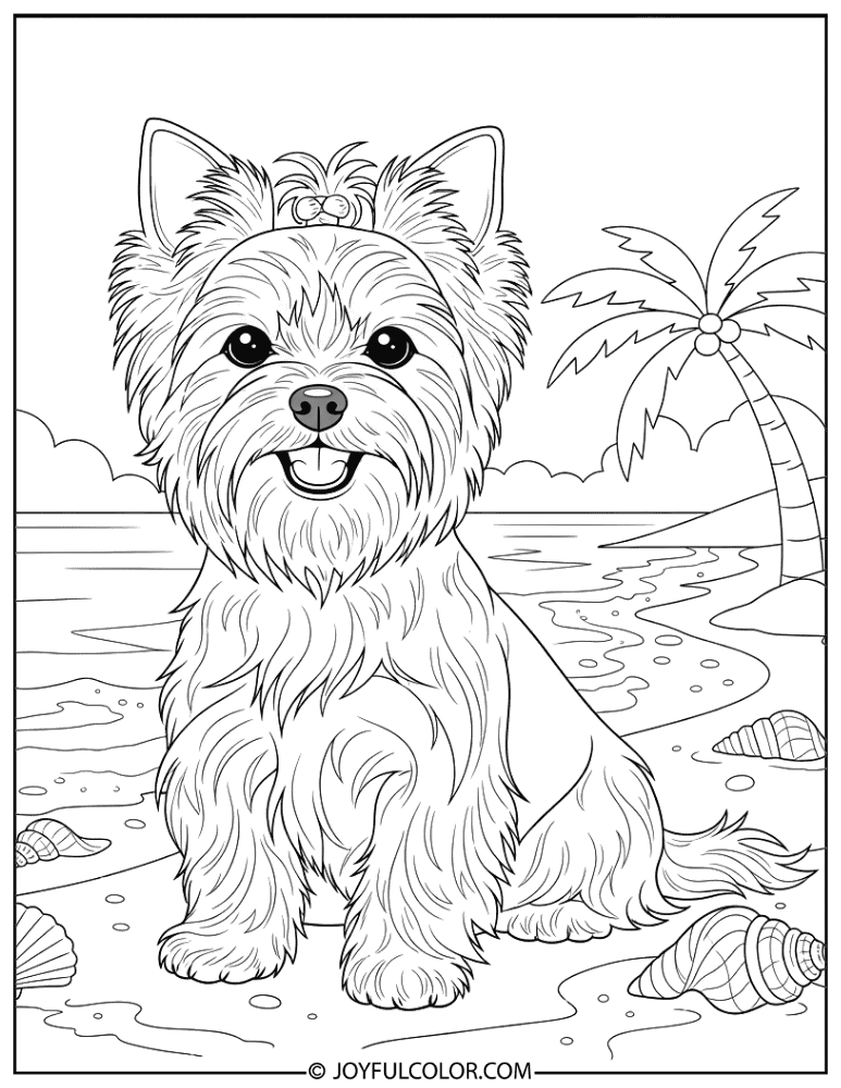 Yorkie at Beach Coloring Page