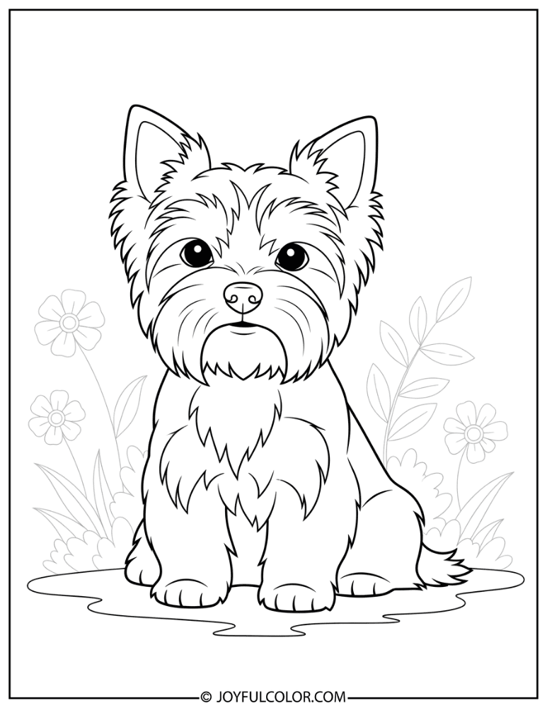 Yorkie in Garden Coloring Page