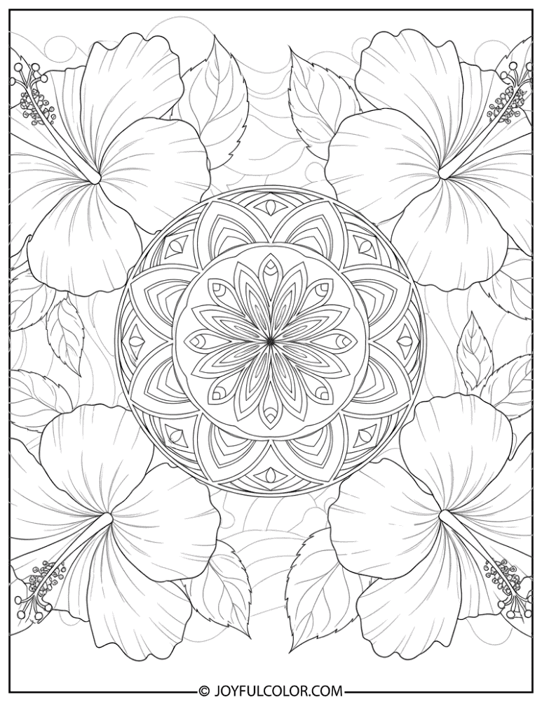 Zentangle Hibiscus Mandala Coloring Page