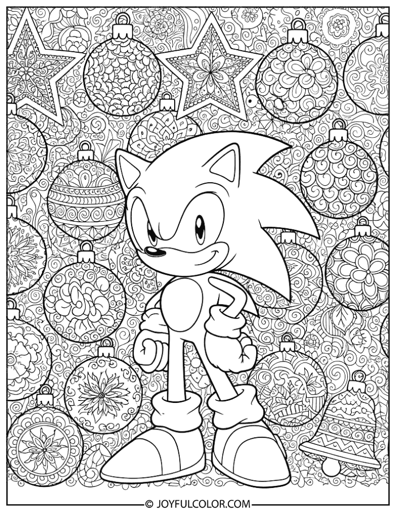 Zentangle Sonic with Holiday Ornament Patterns Coloring Page