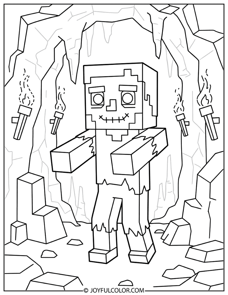 Zombie in a Dark Cave with Torches