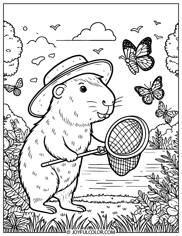 Capybara With Butterfly Coloring Page